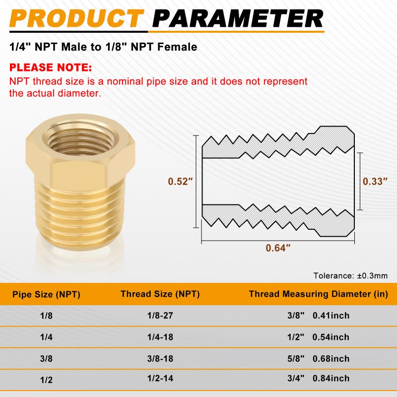 KOOTANS 4pcs Heavy Duty 1/4 NPT Male Thread to 1/8 NPT Female Thread Brass Reducer Hex Bushing Brass Fitting Pipe Hose Tube Adapter Convert - Image 2